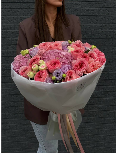 Купить Букет Розовый рассвет Гортензия, Эустома, Роза по низким ценам в Уссурийске, заказ доставки цветов | Цветочный Рай