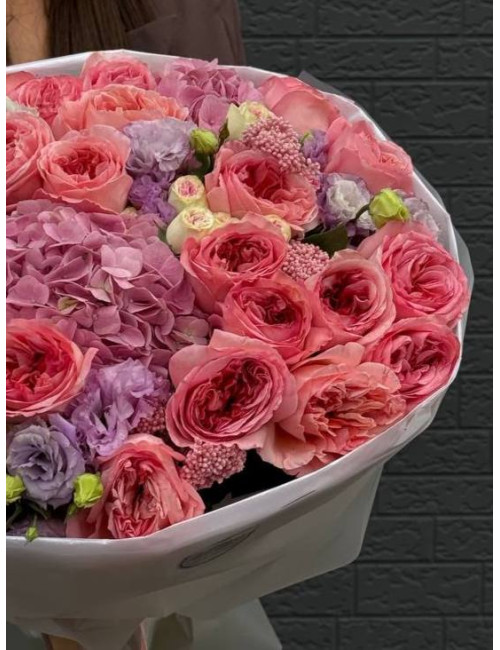 Купить Букет Розовый рассвет Гортензия, Эустома, Роза по низким ценам в Уссурийске, заказ доставки цветов | Цветочный Рай