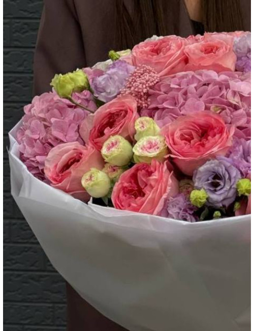 Купить Букет Розовый рассвет Гортензия, Эустома, Роза по низким ценам в Уссурийске, заказ доставки цветов | Цветочный Рай